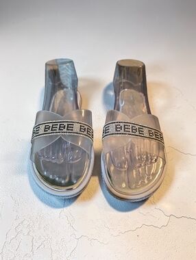 Bebe Clear Rhinestone Logo Slide Sandals - Clear